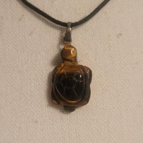 Adorable Hand-Carved Tiger's Eye Turtle Pendant on an Adjustable Cord Necklace - Picture 3 of 4